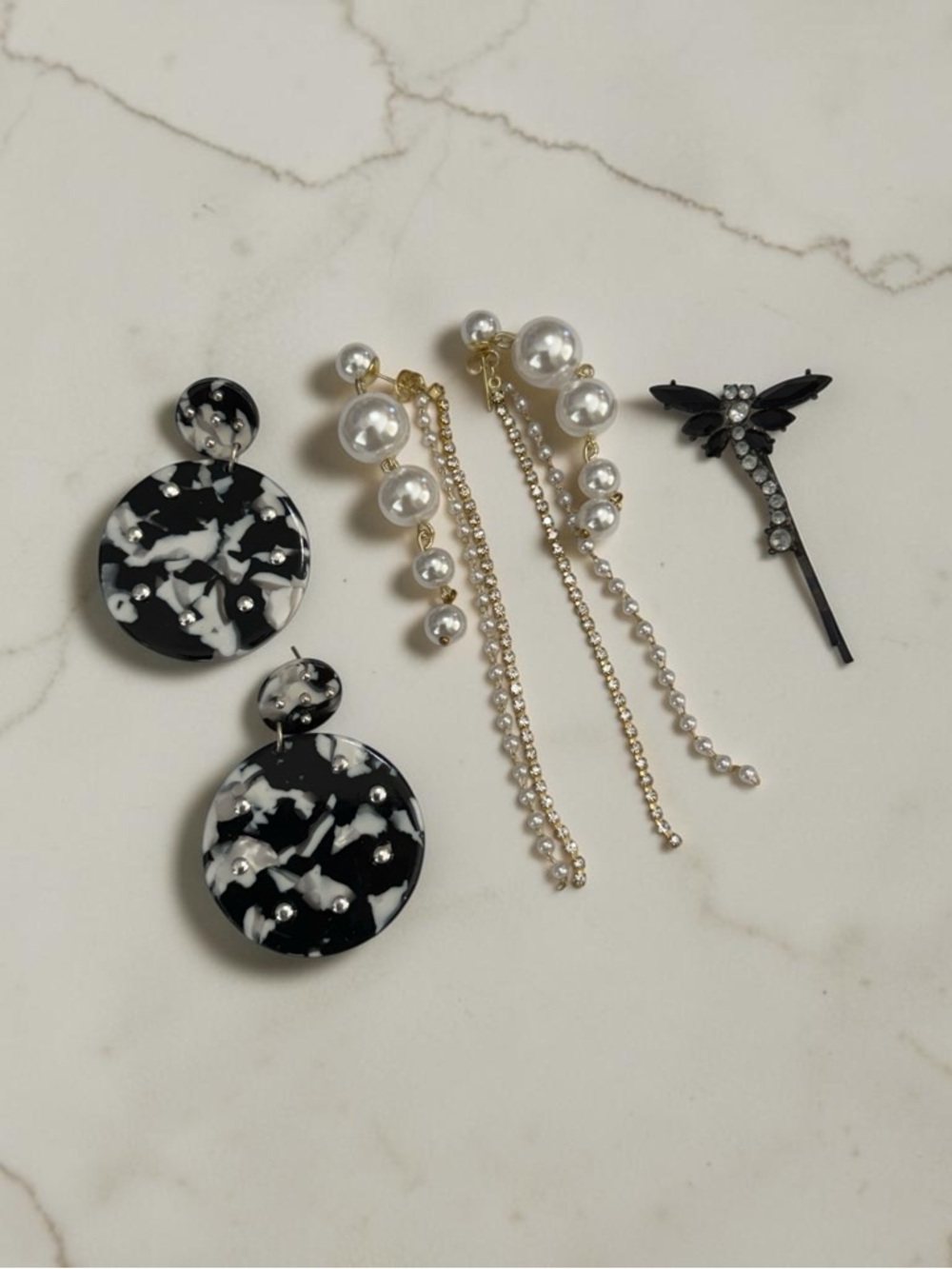 🫶🏻 Pearl Drop & Black Marble Statement Earring Set & Hair Pin